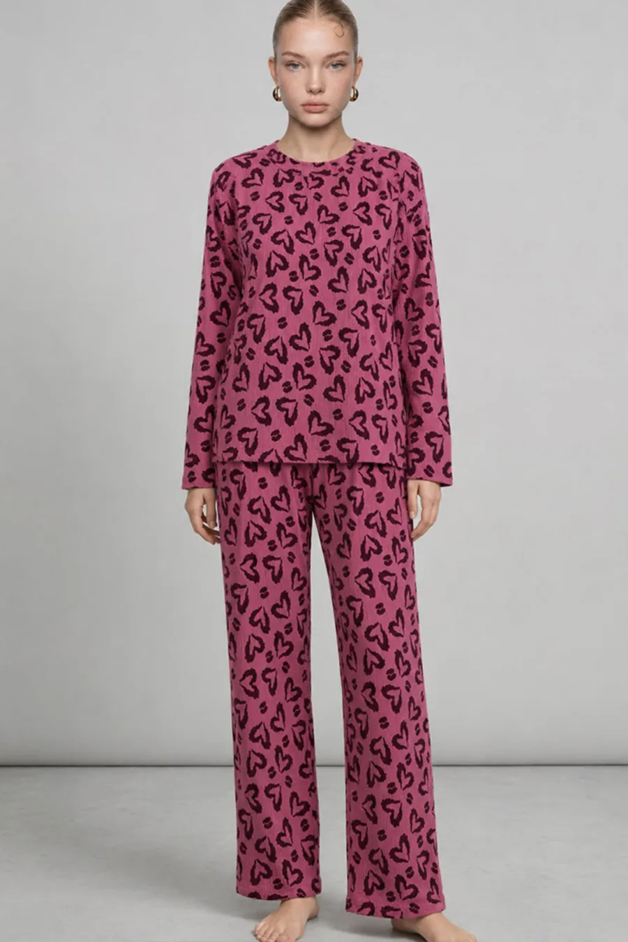 3'Lü Kadın Çizgili Regular Fit Pijama Takımı Lila