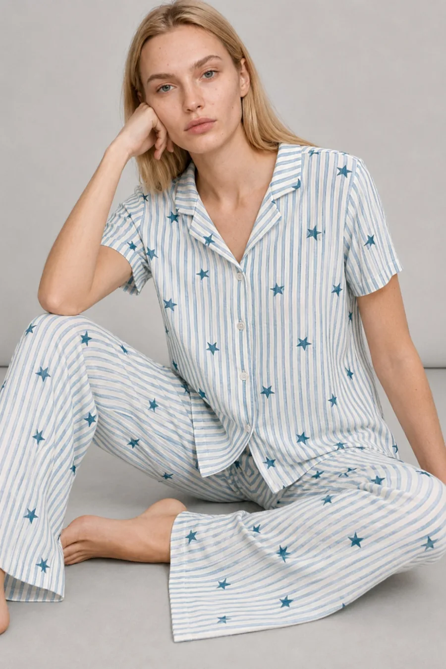 3 Adet Kadın Kısa Kollu Rahat Pijama Takımı Mavi