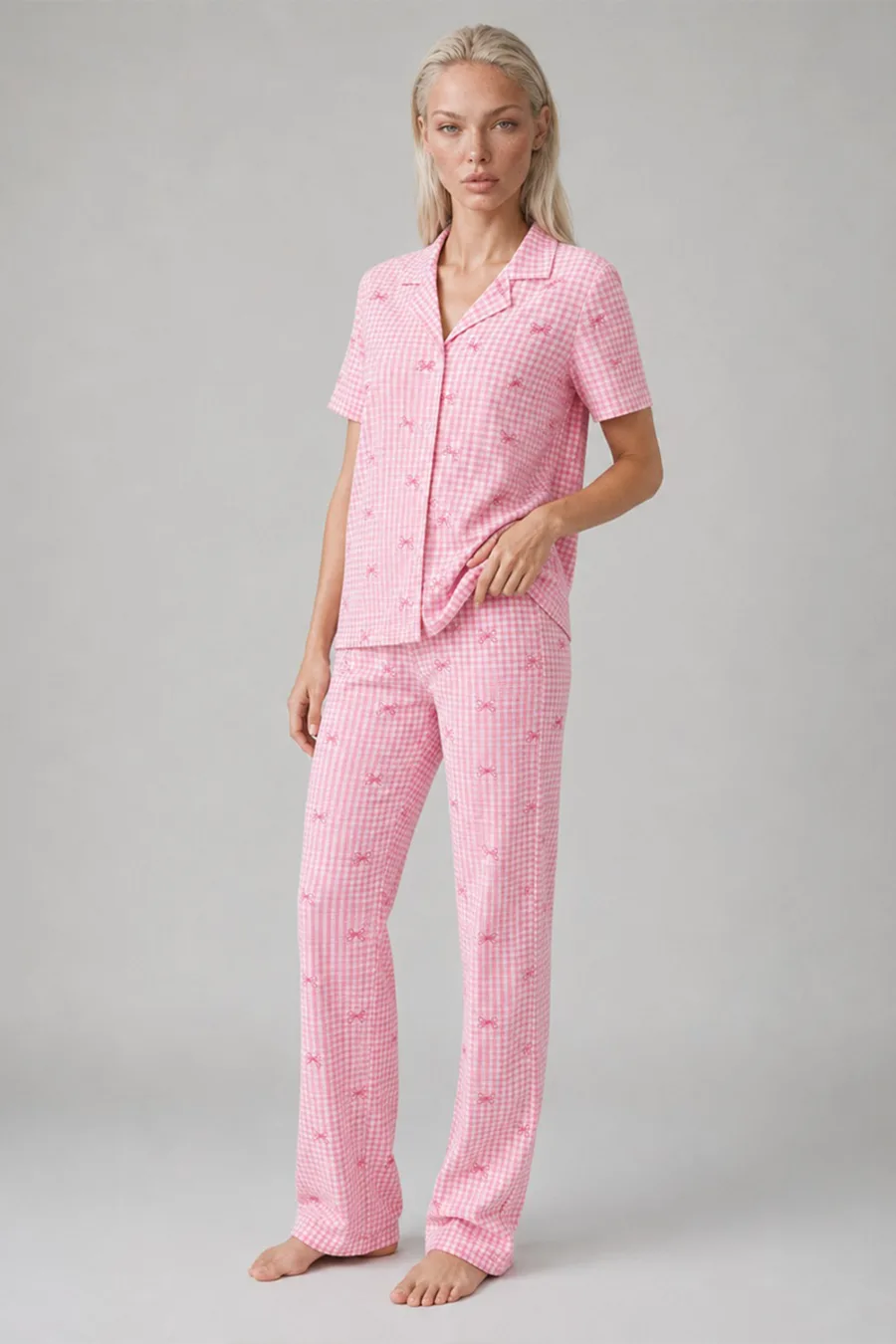 Ekose Fiyonk Desenli Kısa Kollu Pijama Takımı Kadın Düğmeli Uzun Alt Pembe Pijama Takımı 4633