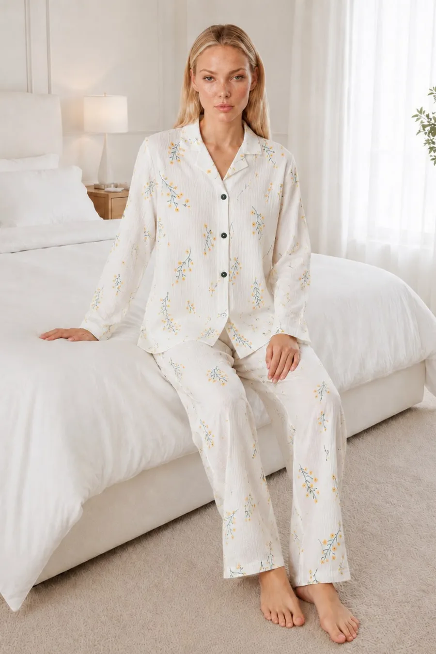 Kadın Desenli Beyaz Pijama Takımı 4674
