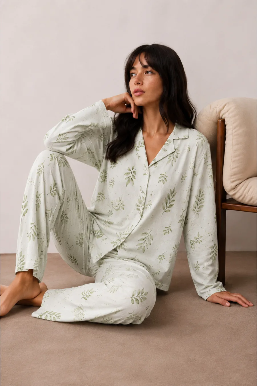 Kadın Düğmeli Kışlık Ev Çağla Yeşili Pijama Takımı