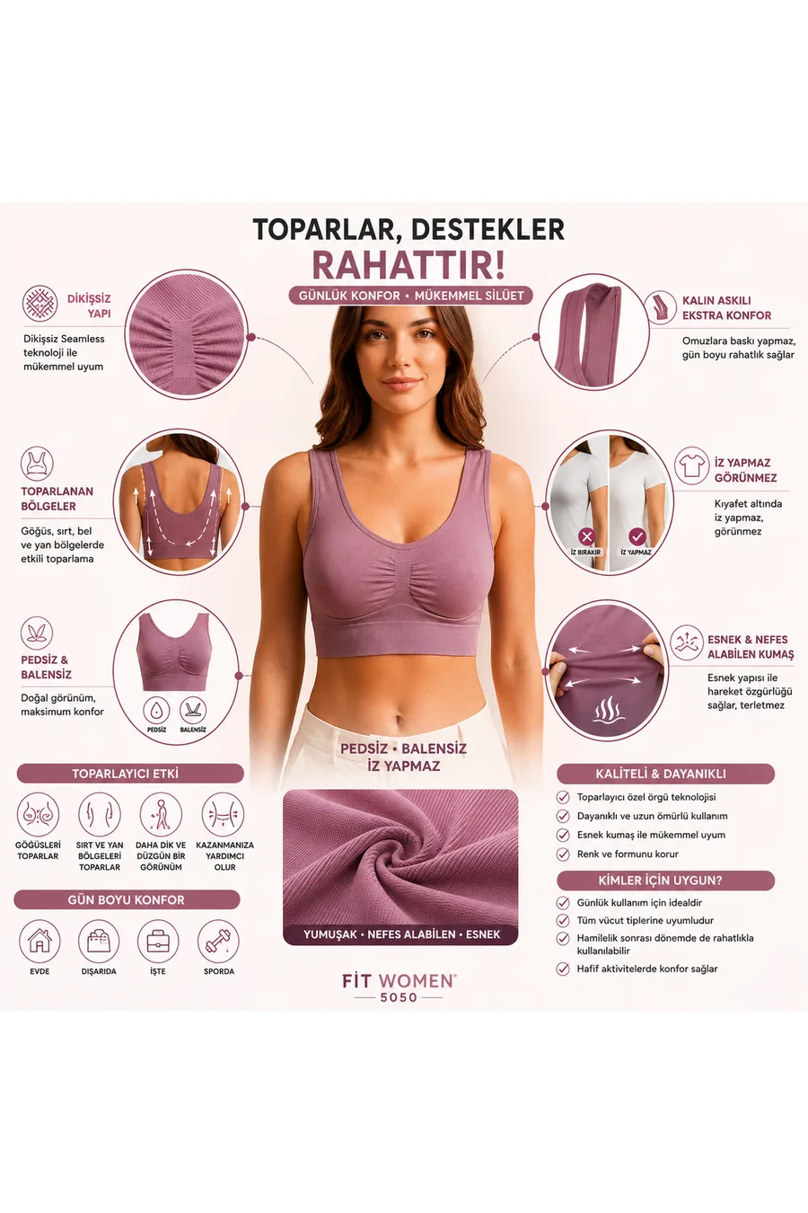 Kadın Gül Kurusu Dikişsiz Kalın Askılı Pedsiz Balensiz Büstiyer 5050