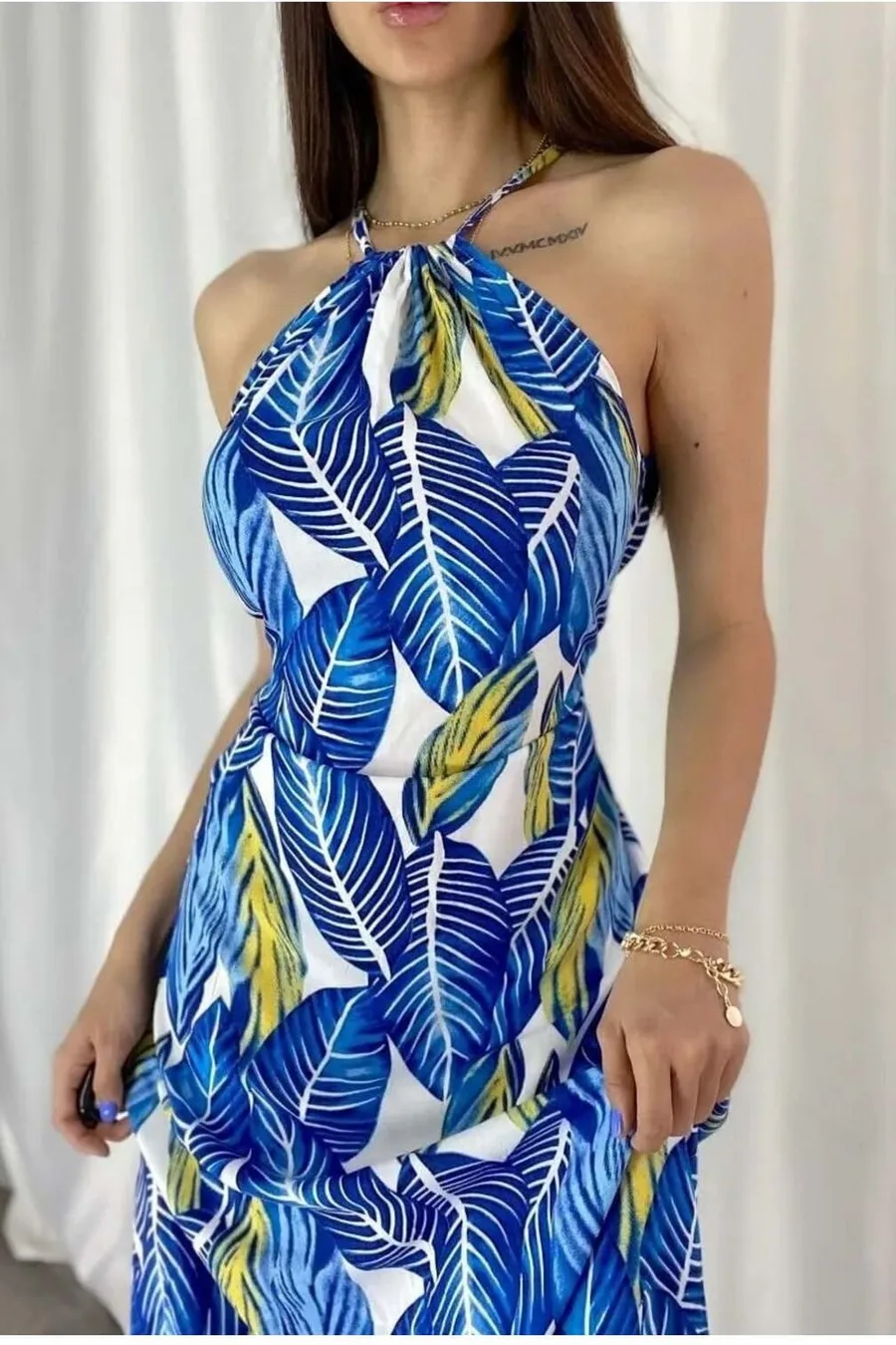 Kadın Yaka Halter Elbise Maxi