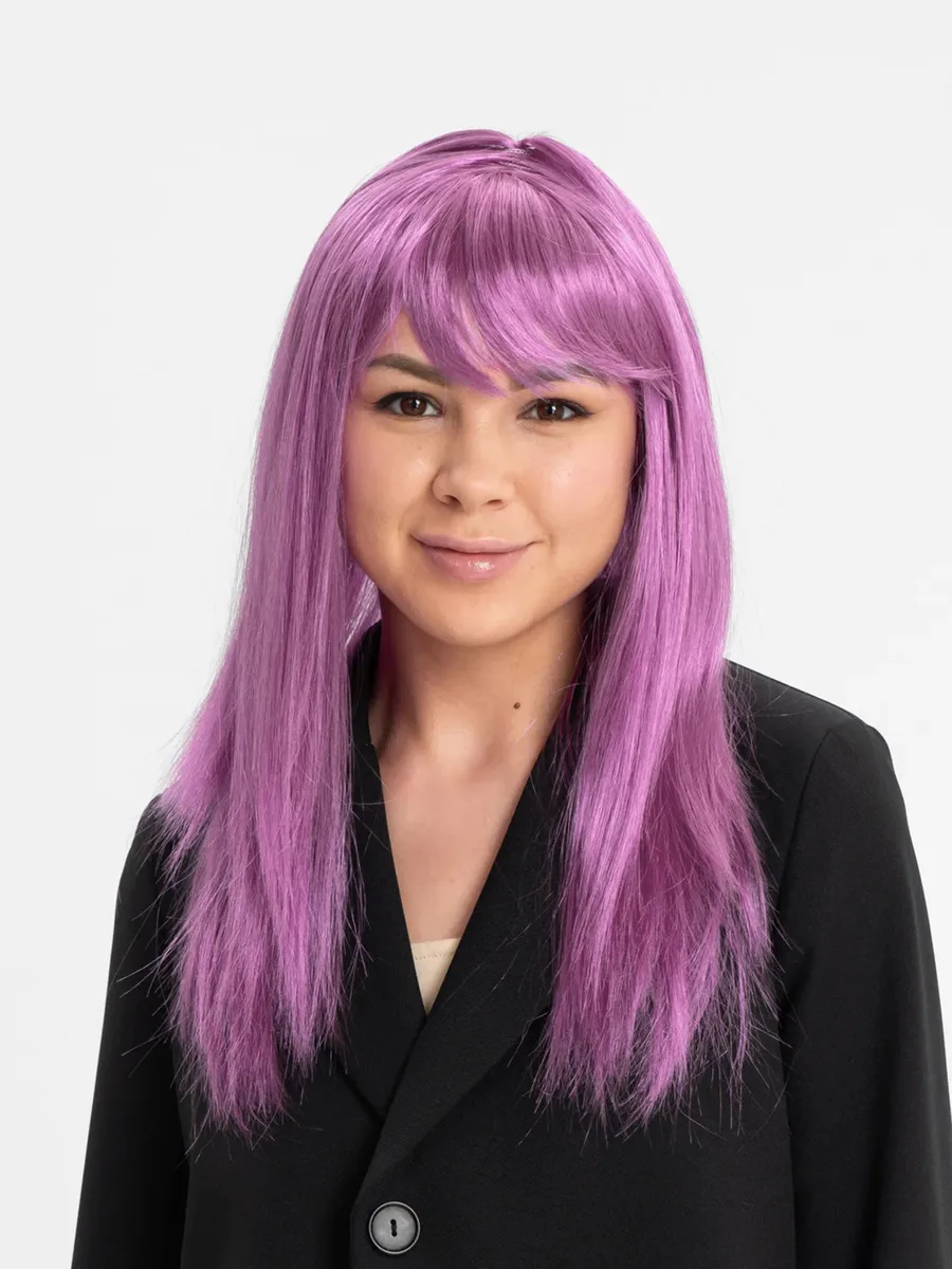 Rose Pembe Renk Düz Kesim Uzun Parti Peruğu Takma