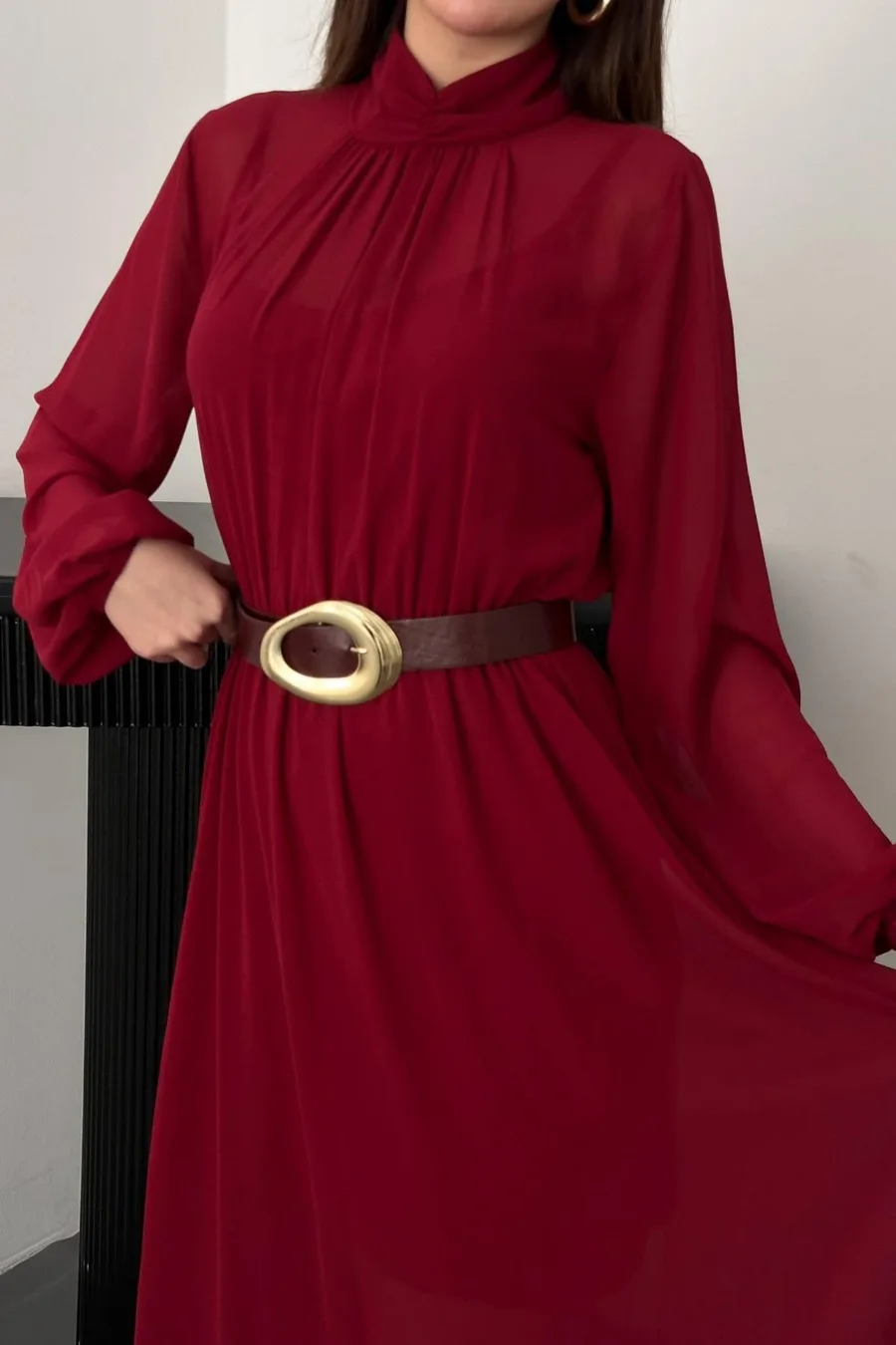 Bordo Eteği Fırfırlı Şifon Elbise