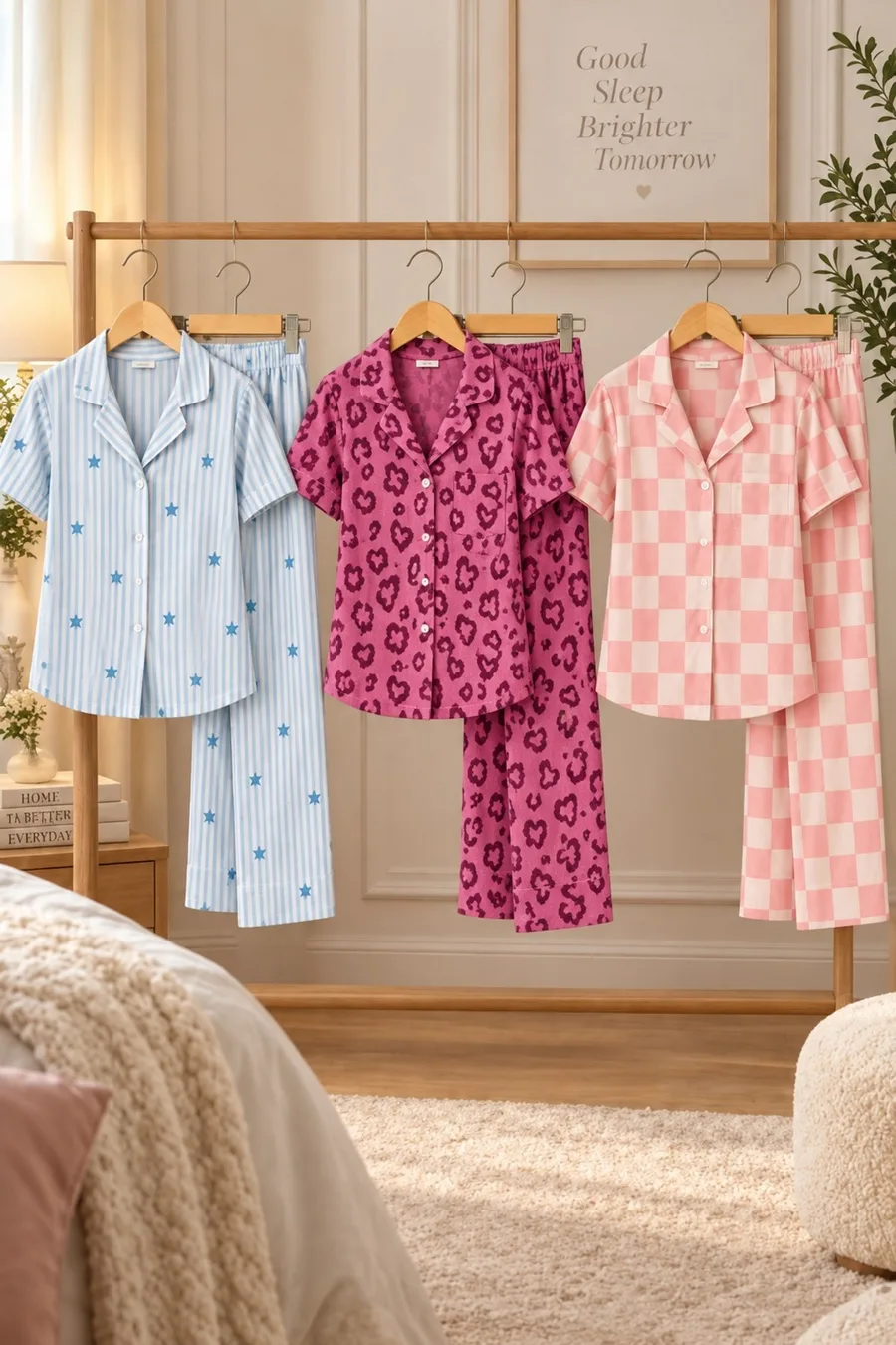 3 Adet Kadın Kısa Kollu Rahat Pijama Takımı Mor