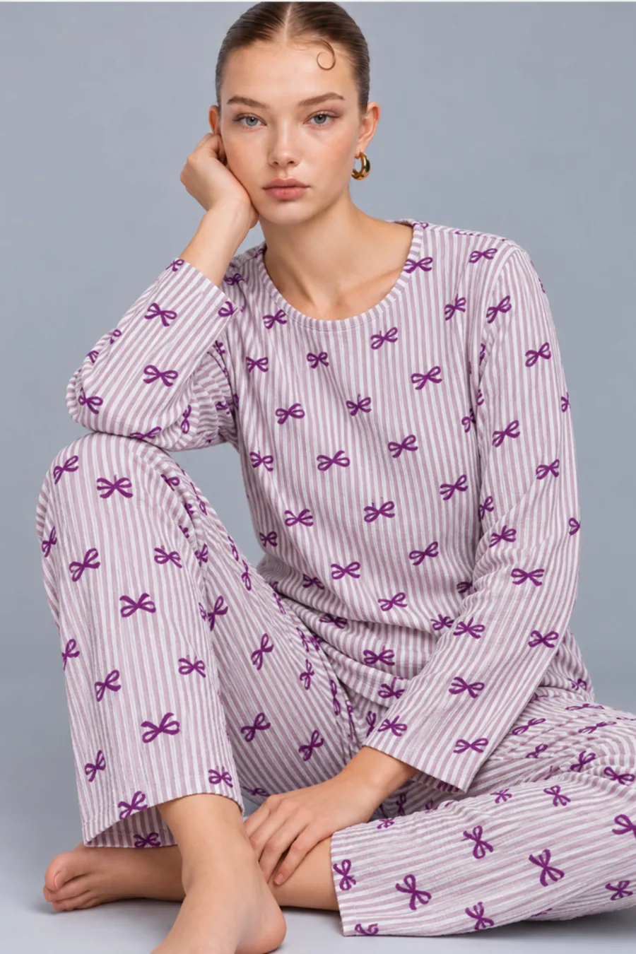 Kadın Çizgili Rahat Desenli İkili Mor Pijama Takımı 4809