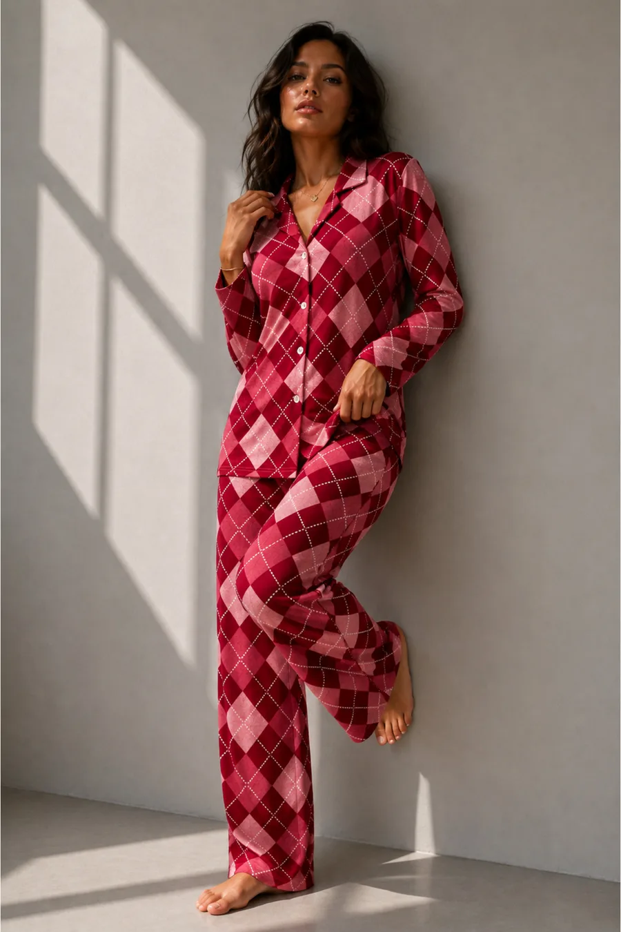 Kadın Uzun Kol Pamuklu Kırmızı Pijama Takımı