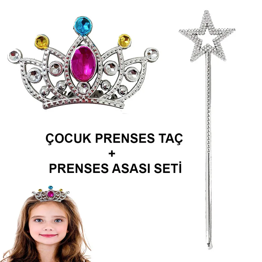 Çuklar İçin Taraklı Prenses Tacı ve Prenses Yıldız Asa Seti Gümüş