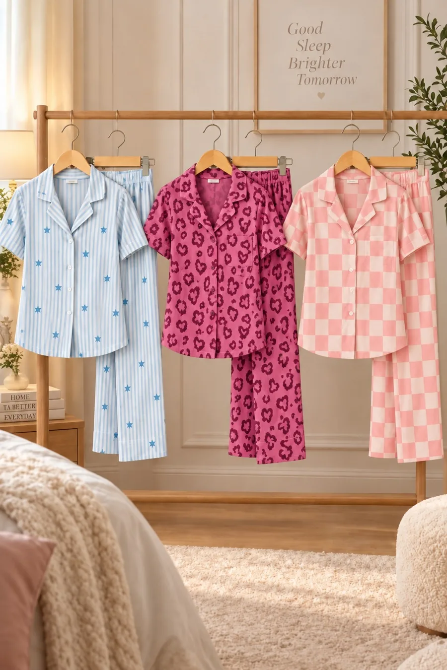 3 Adet Kadın Kısa Kollu Rahat Pijama Takımı Yeşil