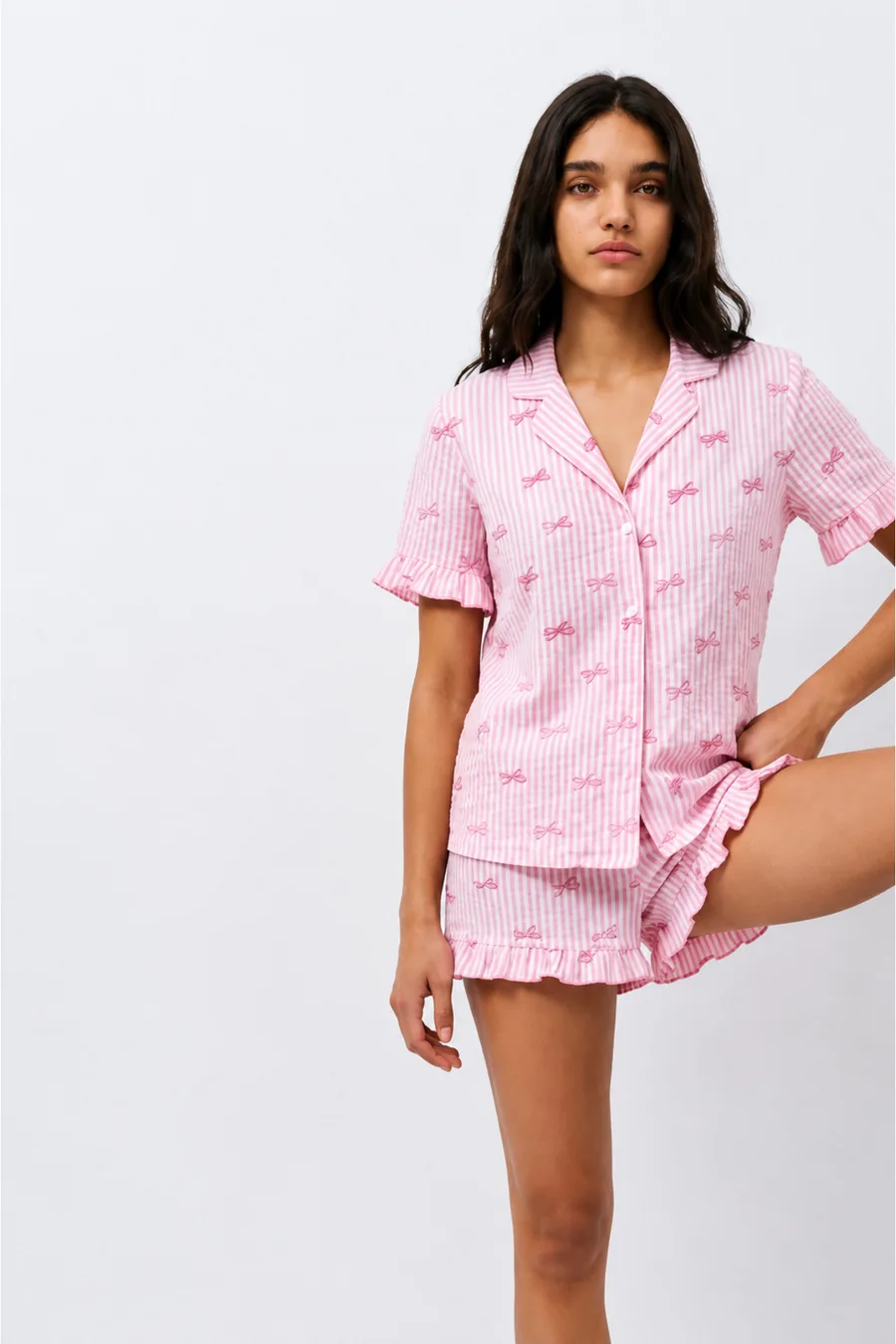 Kadın Desenli Trend Pembe Pijama Takımı