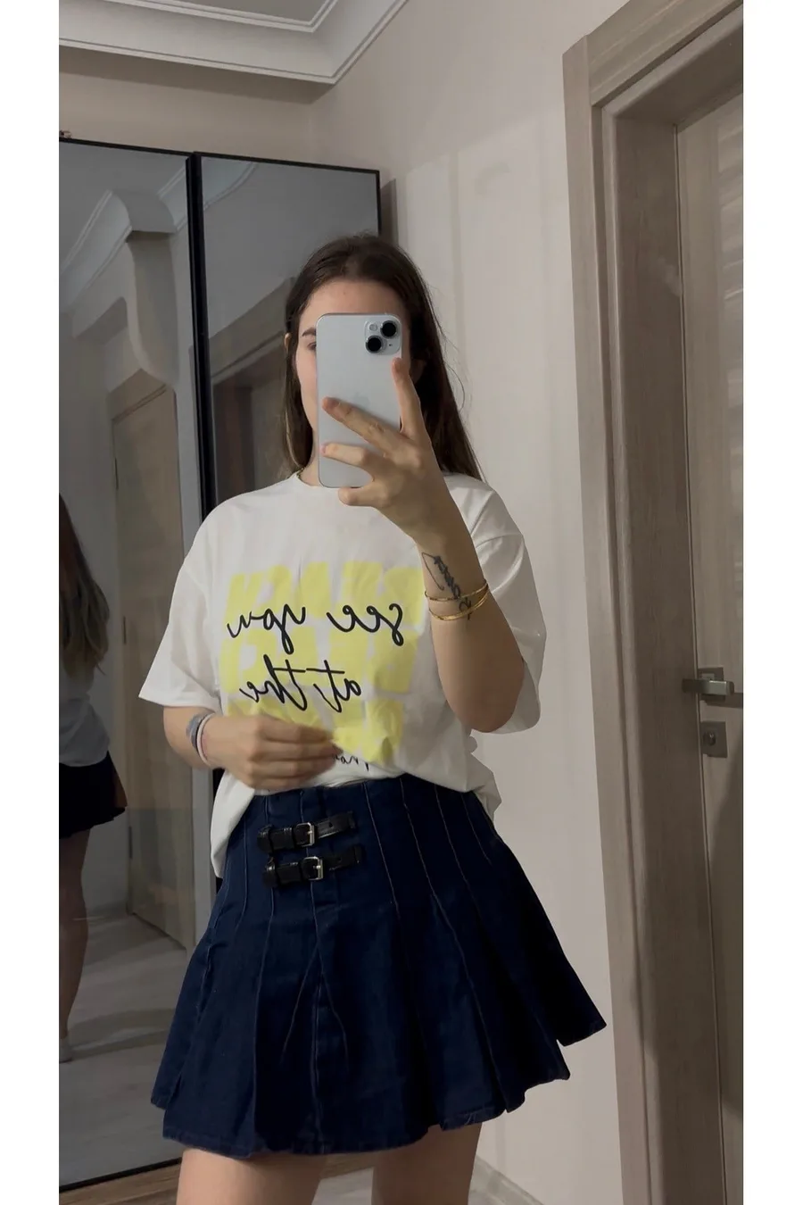 Çift Kemerli Denim Pileli Etek - Lacivert