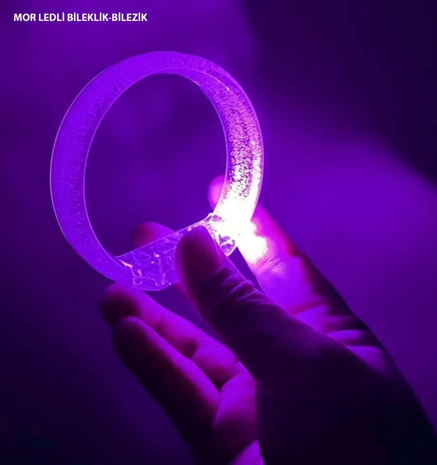 Mor Led Işıklı Baskı Yapılabilen Pilli Bileklik Bilezik 1,5 cm Genişlik