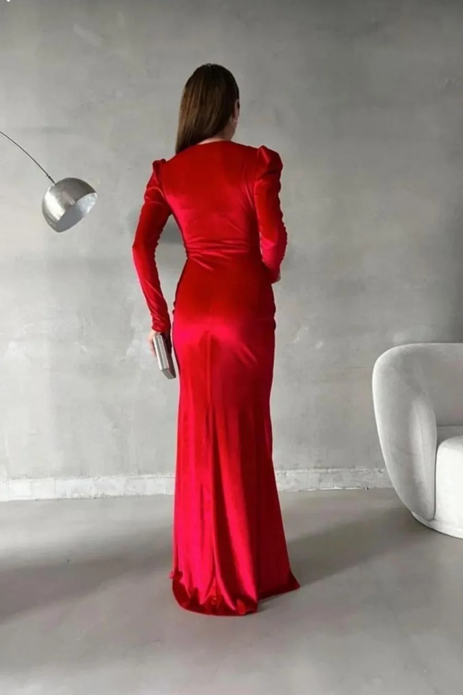 Kadife Yaka Abiye Kruvaze Kumaş Elbise Maxi Yırtmaçlı