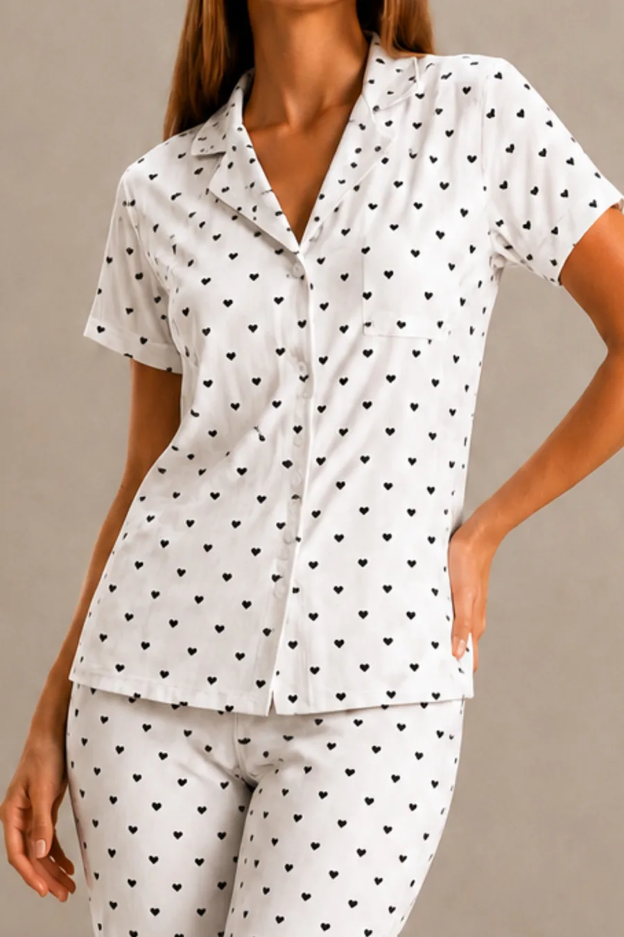Kadın Kısa Kol Rahat Kalıp Şık Kar Beyaz Pijama Takımı