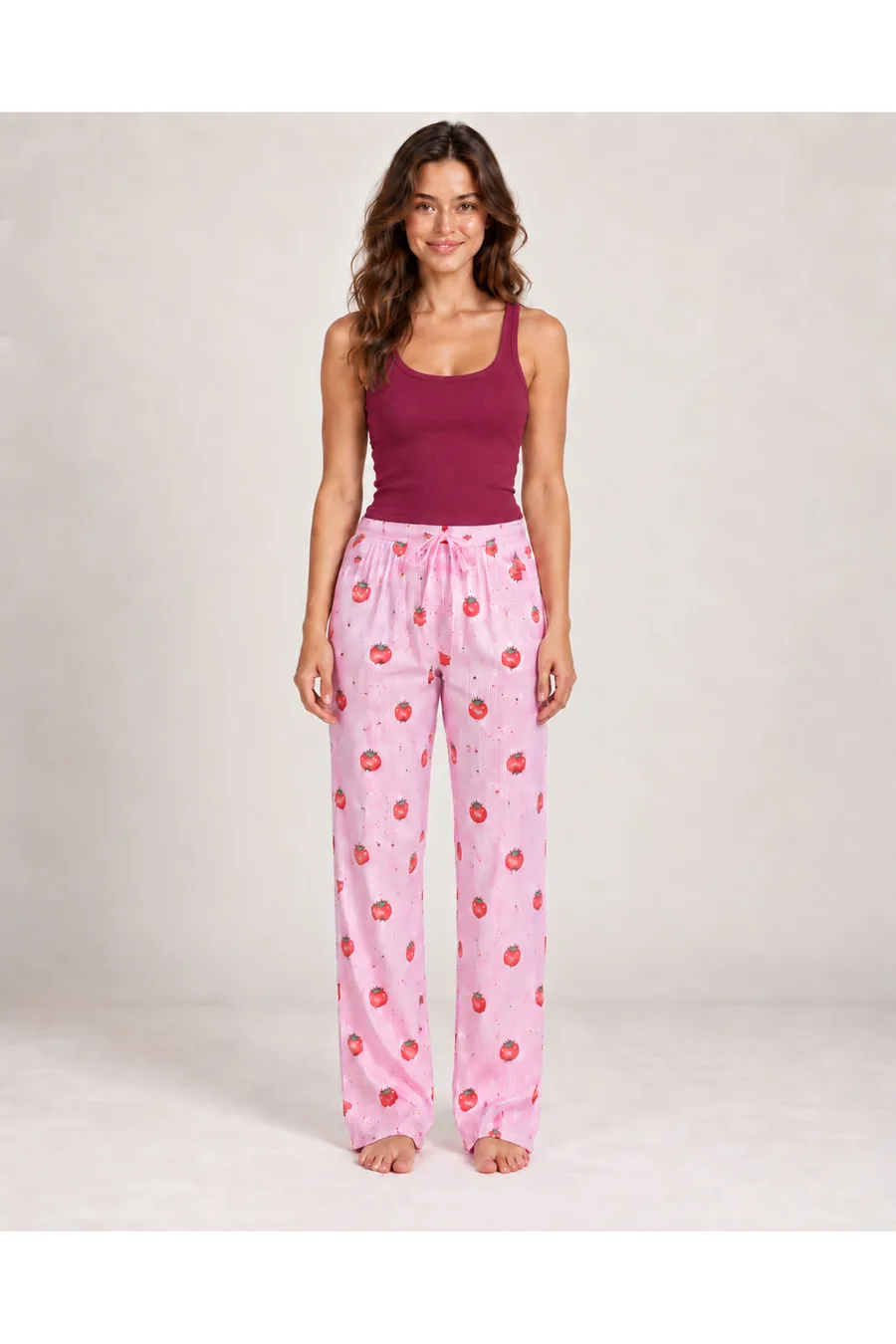 Kadın Çizgili Bluz Desenli Askılı Bordo Pijama Takımı