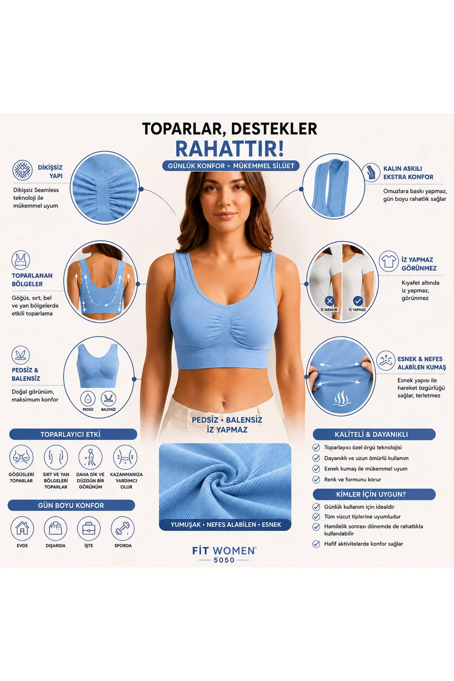 Kadın Mavi Dikişsiz Kalın Askılı Pedsiz Balensiz Büstiyer 5050