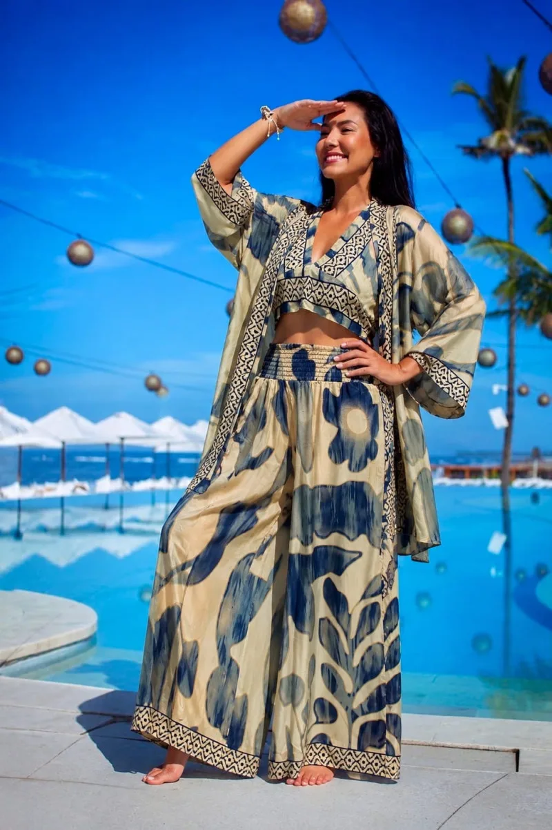İthal İpek Kumaş Etnik Desen Büstiyer, Pantolon & Kimono Takım