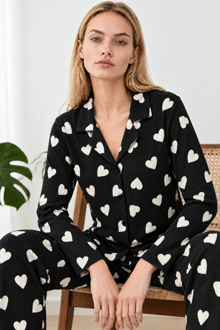 Kadın Kalpli Gömlek Yaka Siyah Pijama Takımı 4824
