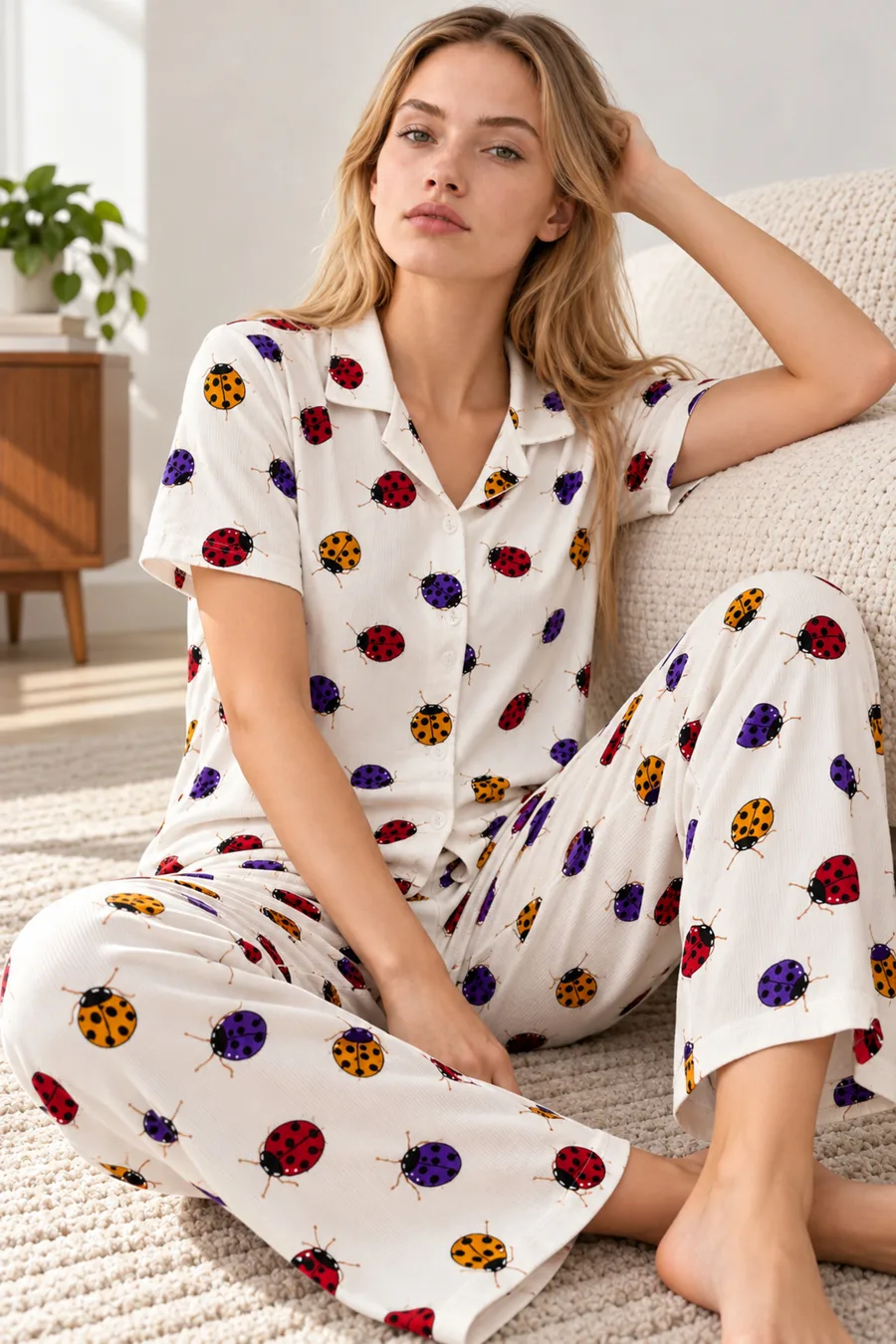 Kadın Desenli Beyaz Kısa Kollu Pijama Takımı 4828