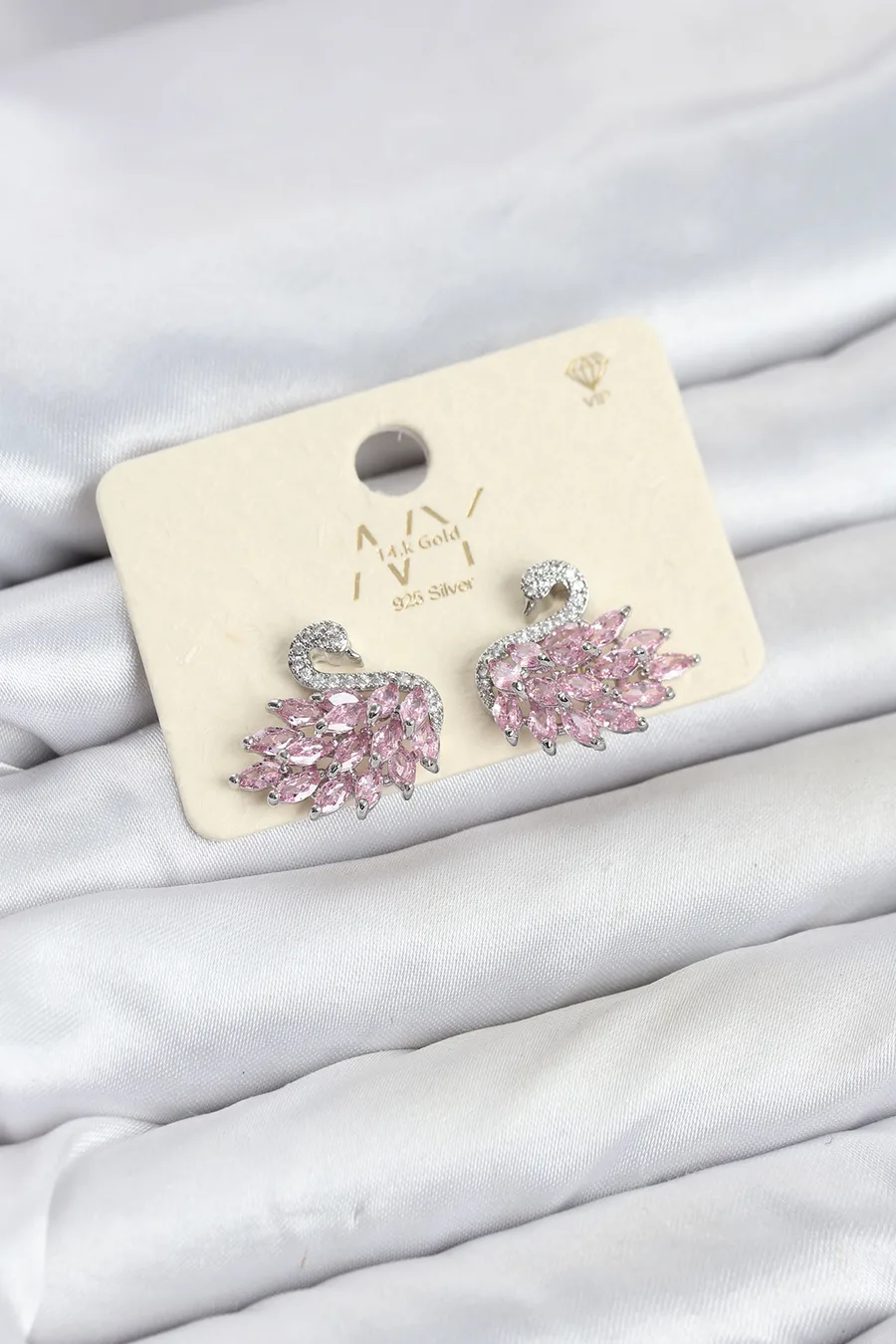 Pembe Zirkon Taşlı Gümüş Swan Kuğu Model Kadın Küpe