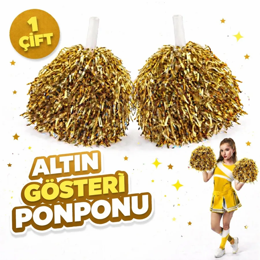 1 Çift ( 2 Adet ) Altın Renk 23 Nisan 19 Mayıs 29 Ekim Okul Gösteri Ponponları Ekstra Doun