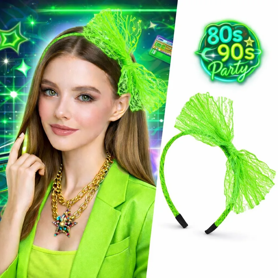 80’ler 90’lar Neon Yeşil Dantel Taç Fiyonklu