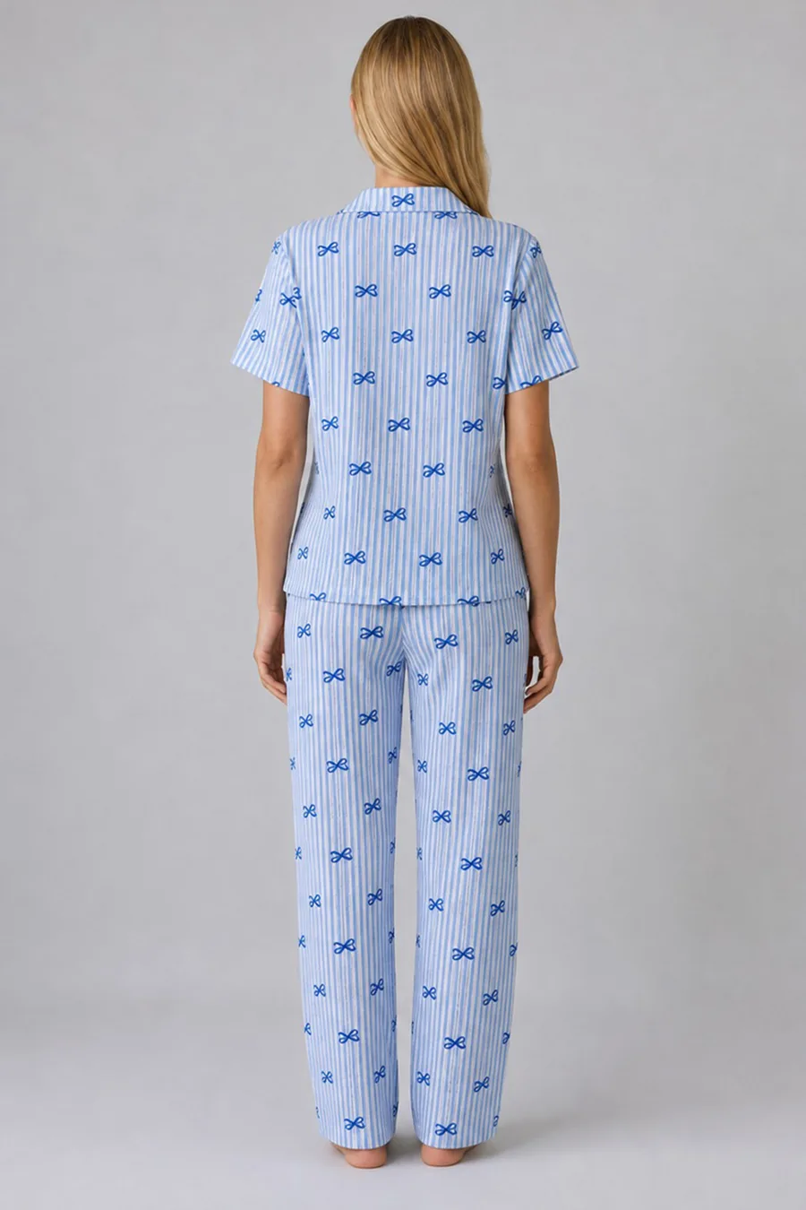Mavi Kurdele Desenli Çizgili Bürümcük Pijama Takımı 4645-Mavi