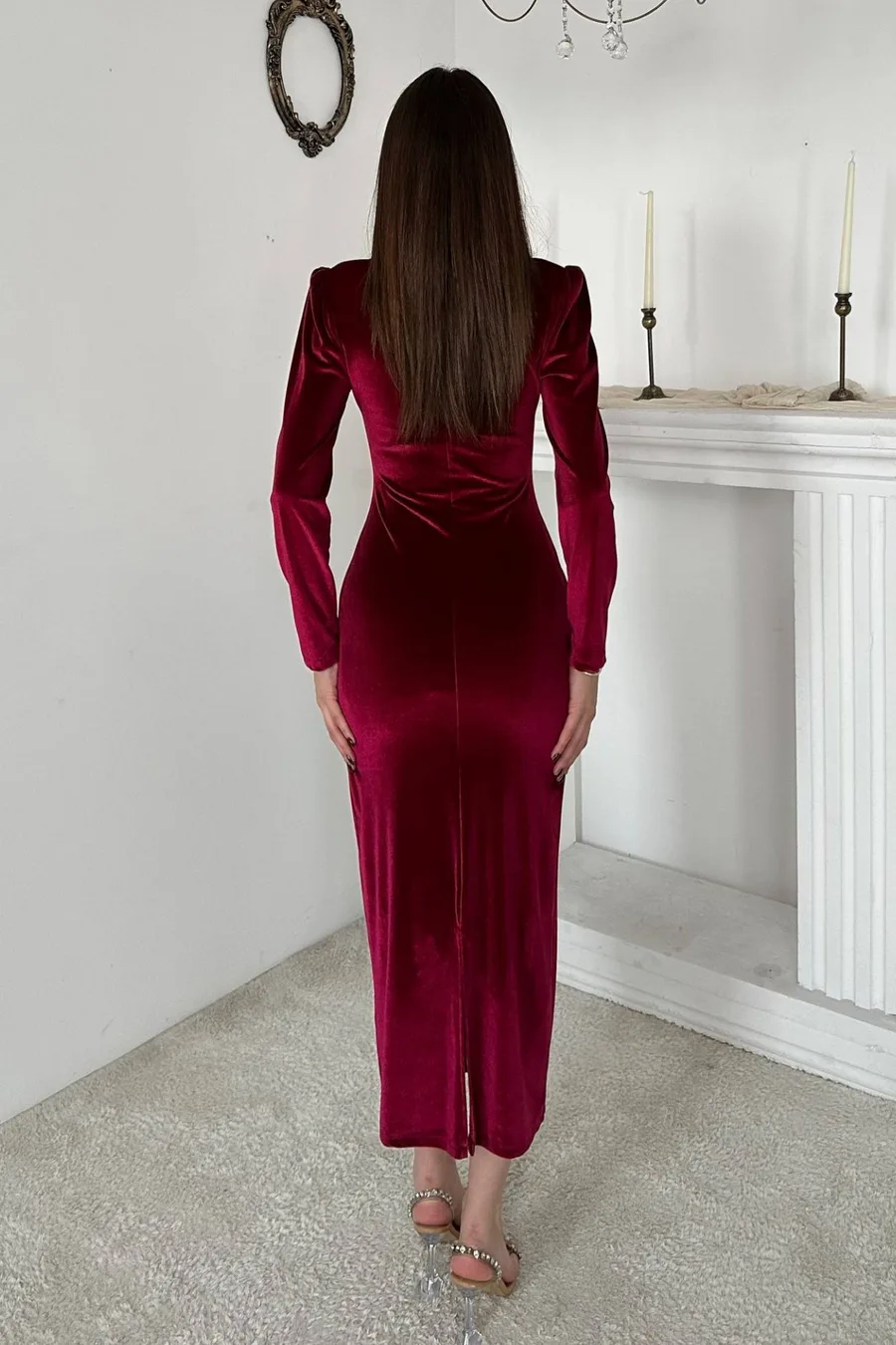 Bordo Kadife Işıltılı Elbise