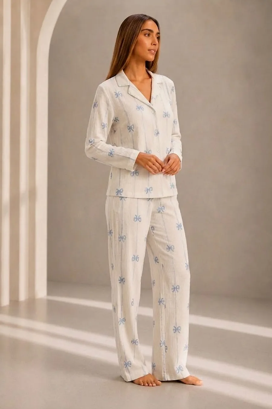 Kadın Önden Düğmeli Uzun Kollu Alt Üst Beyaz Pijama Takımı