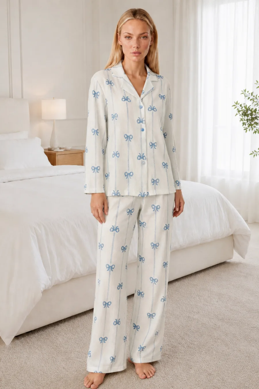 Kadın Desenli Relaxed Beyaz Pijama Takımı 4661