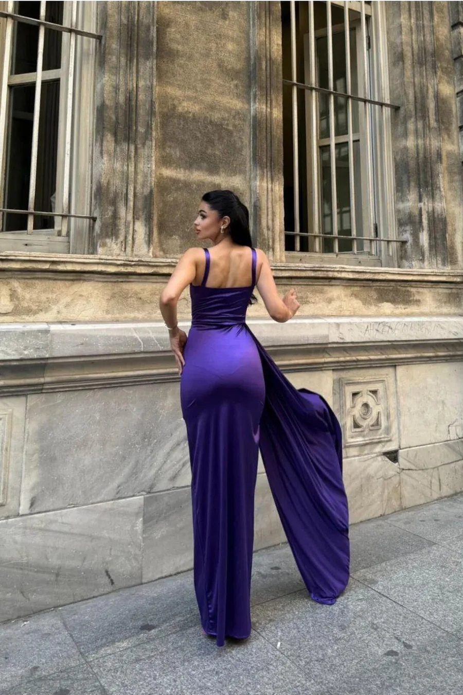 Saten Abiye Maxi Kumaş Yaka Yırtmaçlı Elbise Kalp