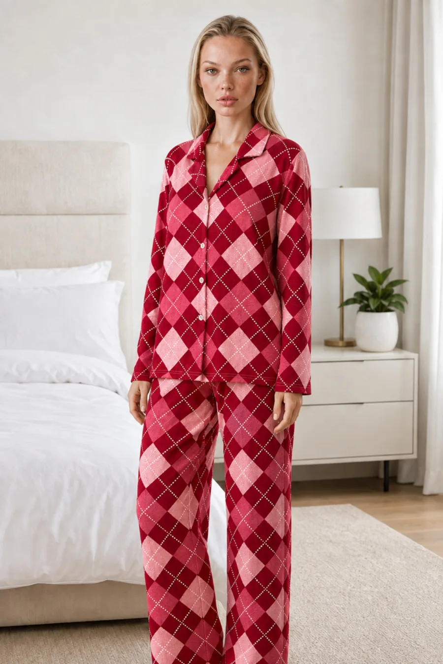 Kadın Casual Esnek Bol Kırmızı Pijama Takımı 4668