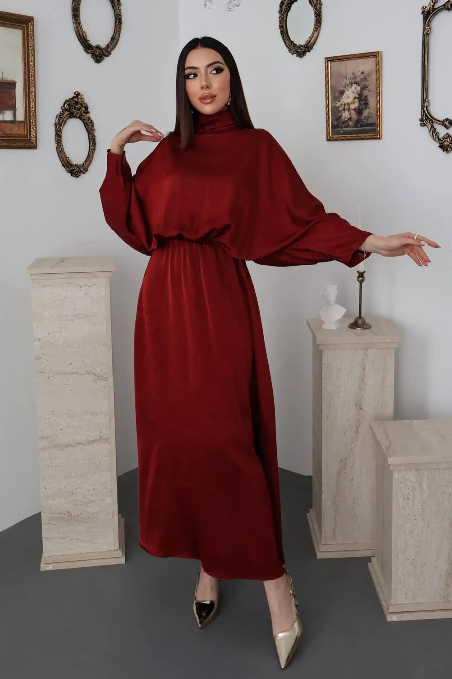 Bordo Jakarlı Saten Elbise - Bordo