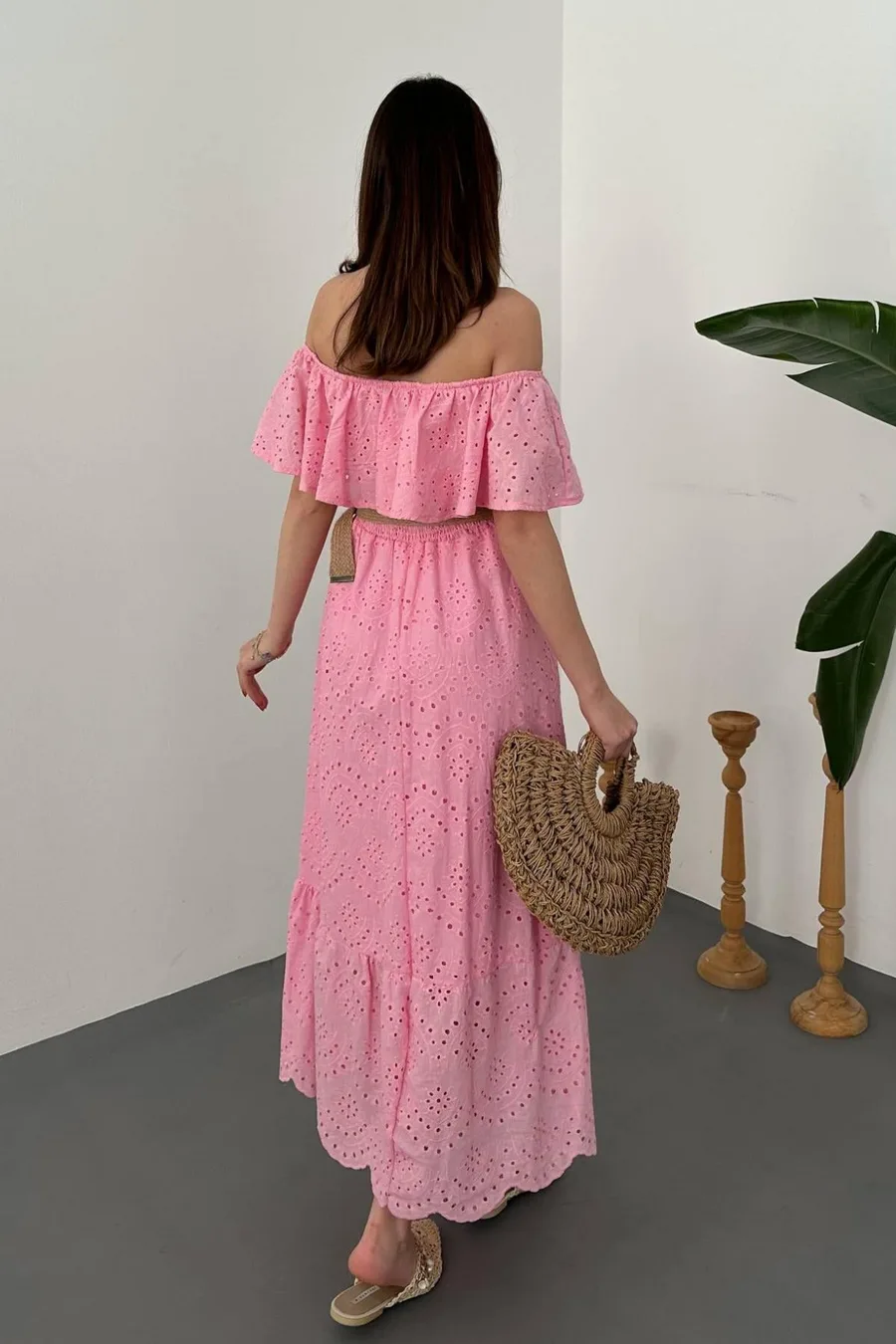 Pembe Madonna Yaka Fisto Elbise - Pembe