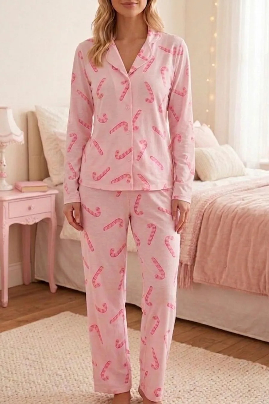Baston Şeker Desenli Uzun Kollu Pijama Takımı 4601 -Pembe