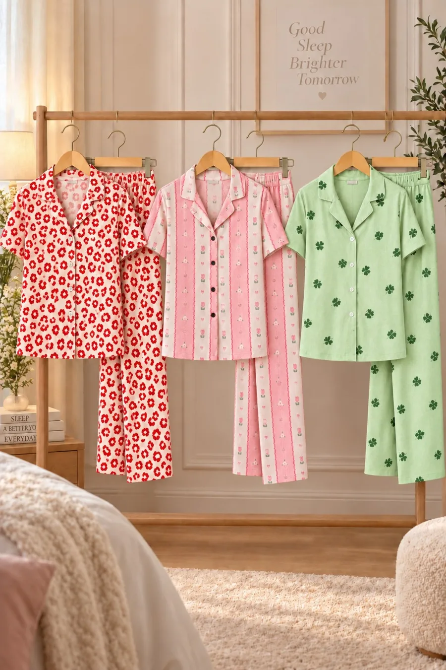 3 Adet Kadın Kısa Kol Comfort Pijama Takımı Yeşil