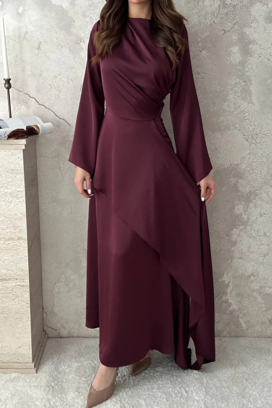 Bordo Yandan Bağlamalı Saten Elbise