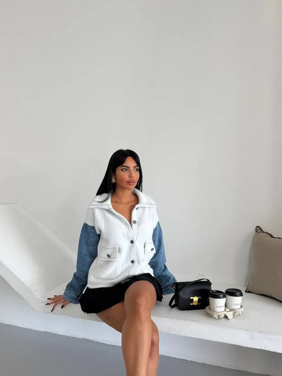 Denim Kol Detaylı Kontrast Ceket – Güçlü Stil, Net Duruş-Beyaz - Beyaz