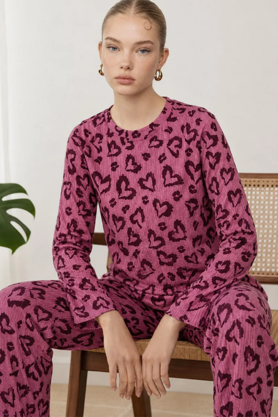 Kadın Çizgili Regular Fit Lila Pijama Takımı 4764