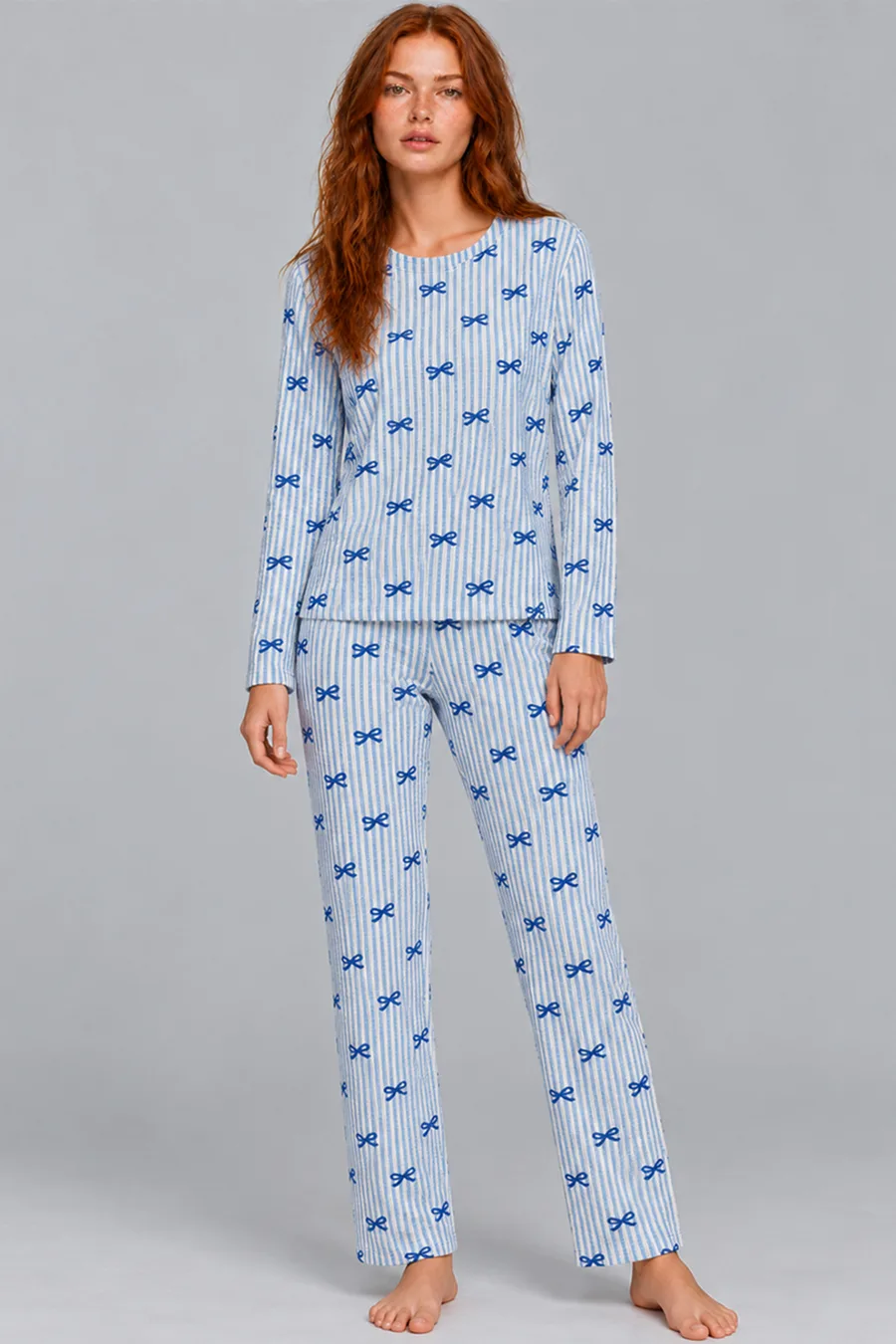 Kadın Desenli İkili Mavi Rahat Pijama Takımı 4815