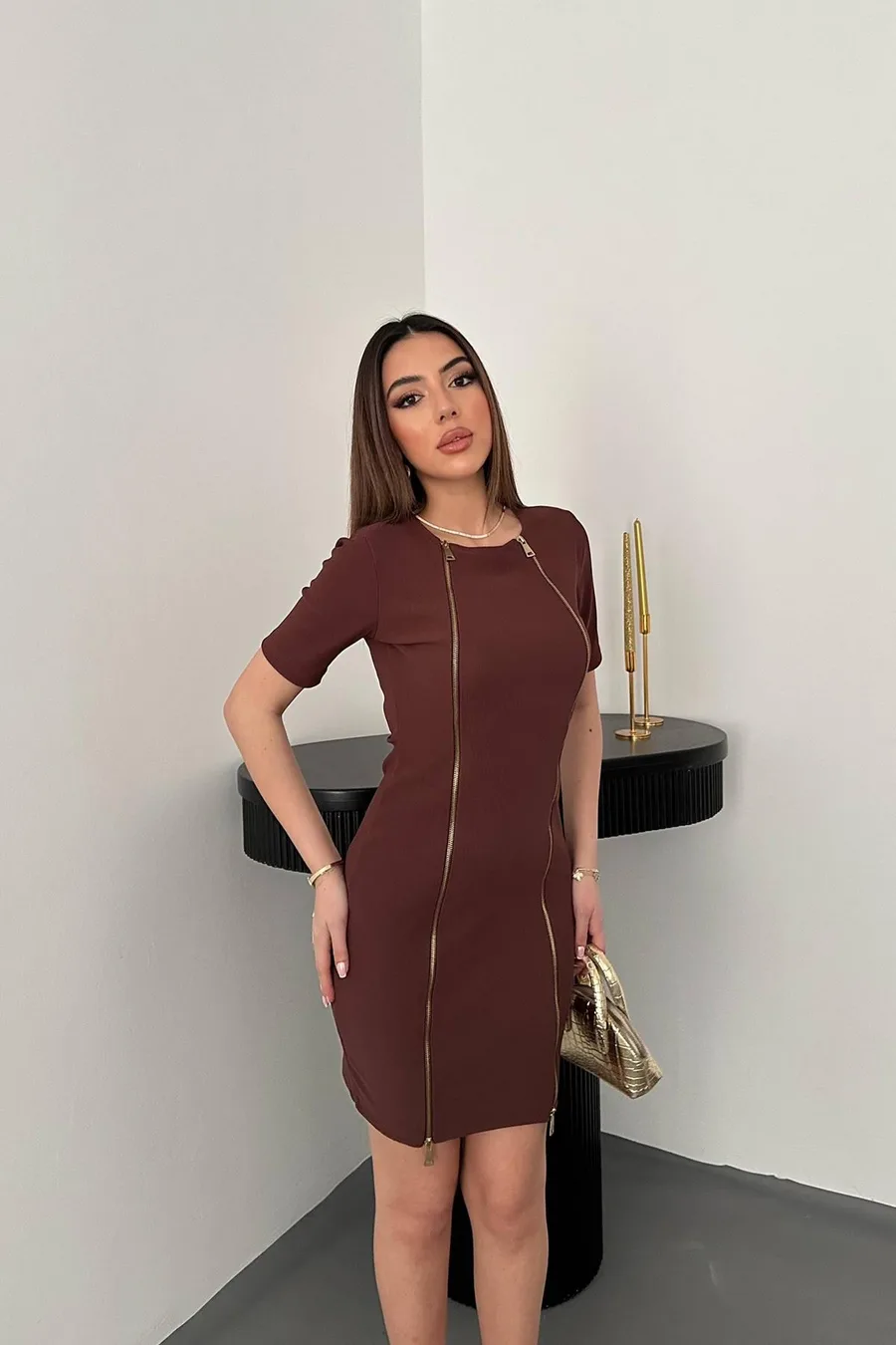 Kahverengi Fermuarlı Ottoman Elbise