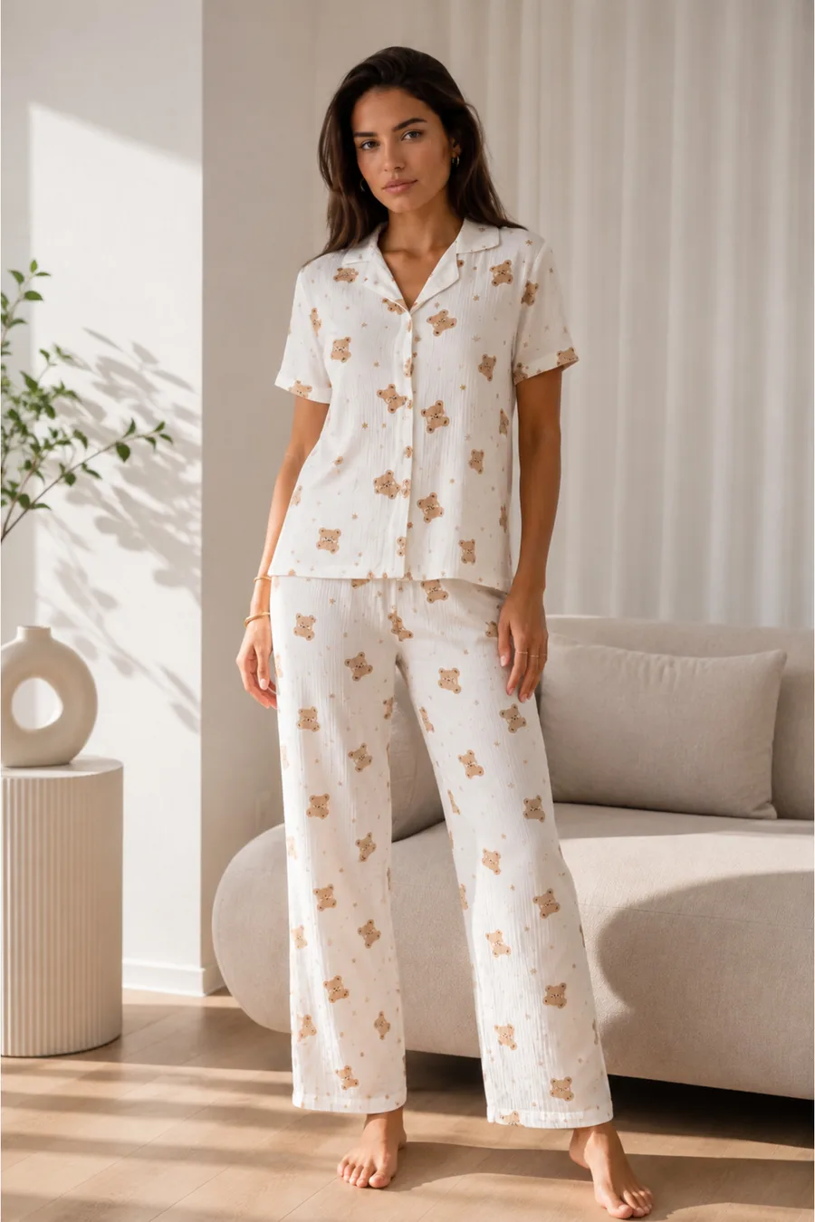 Kadın Loose Uzun Paça Pamuk Kırık Beyaz Pijama Takımı