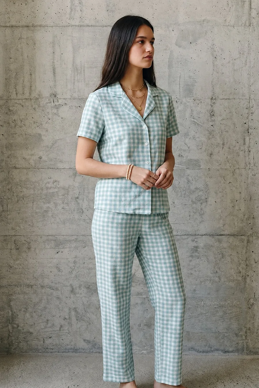 V Yaka Düğmeli Casual Su Yeşili Pijama Takımı