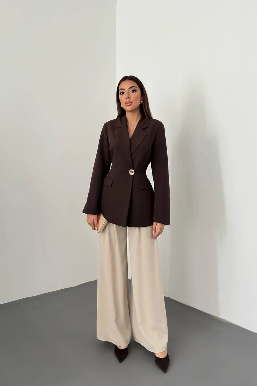 Kahverengi Belden Oturtmalı Blazer Ceket