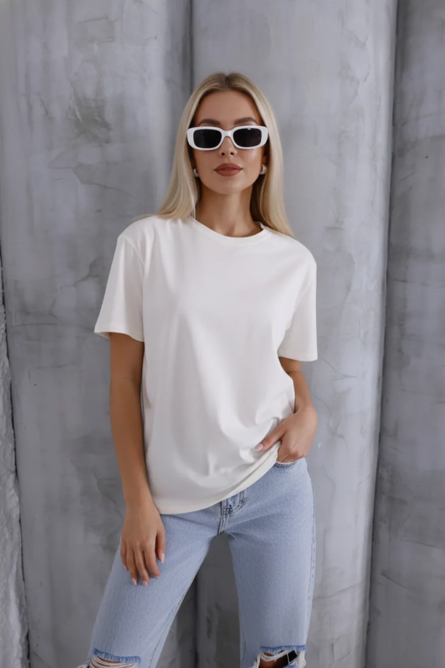 Kadın Oversize T-Shirt Basic Dokulu Pamuklu Kalıp Yaka Yumuşak Bisiklet Ekru