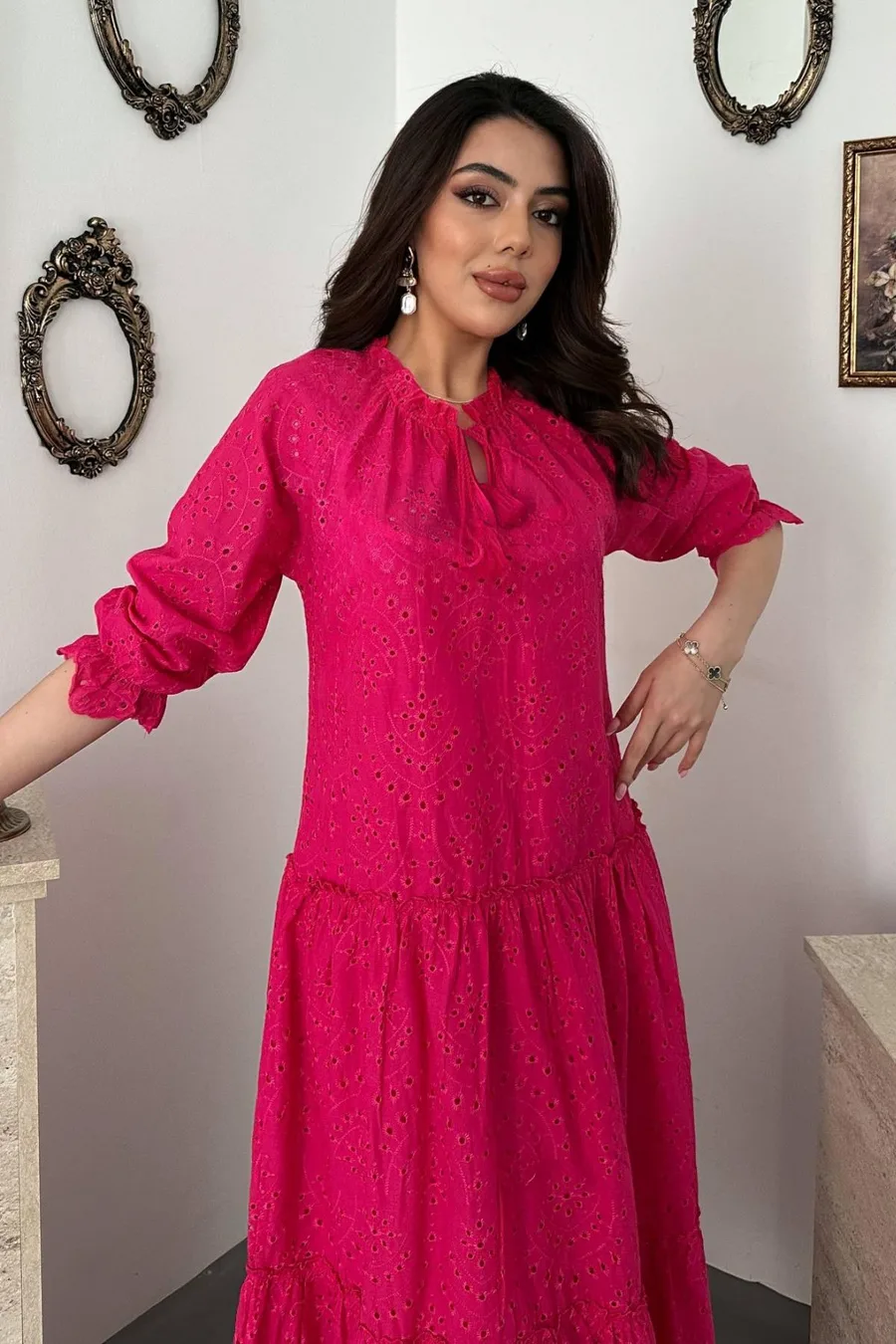 Fuşya Dantelli New Elbise