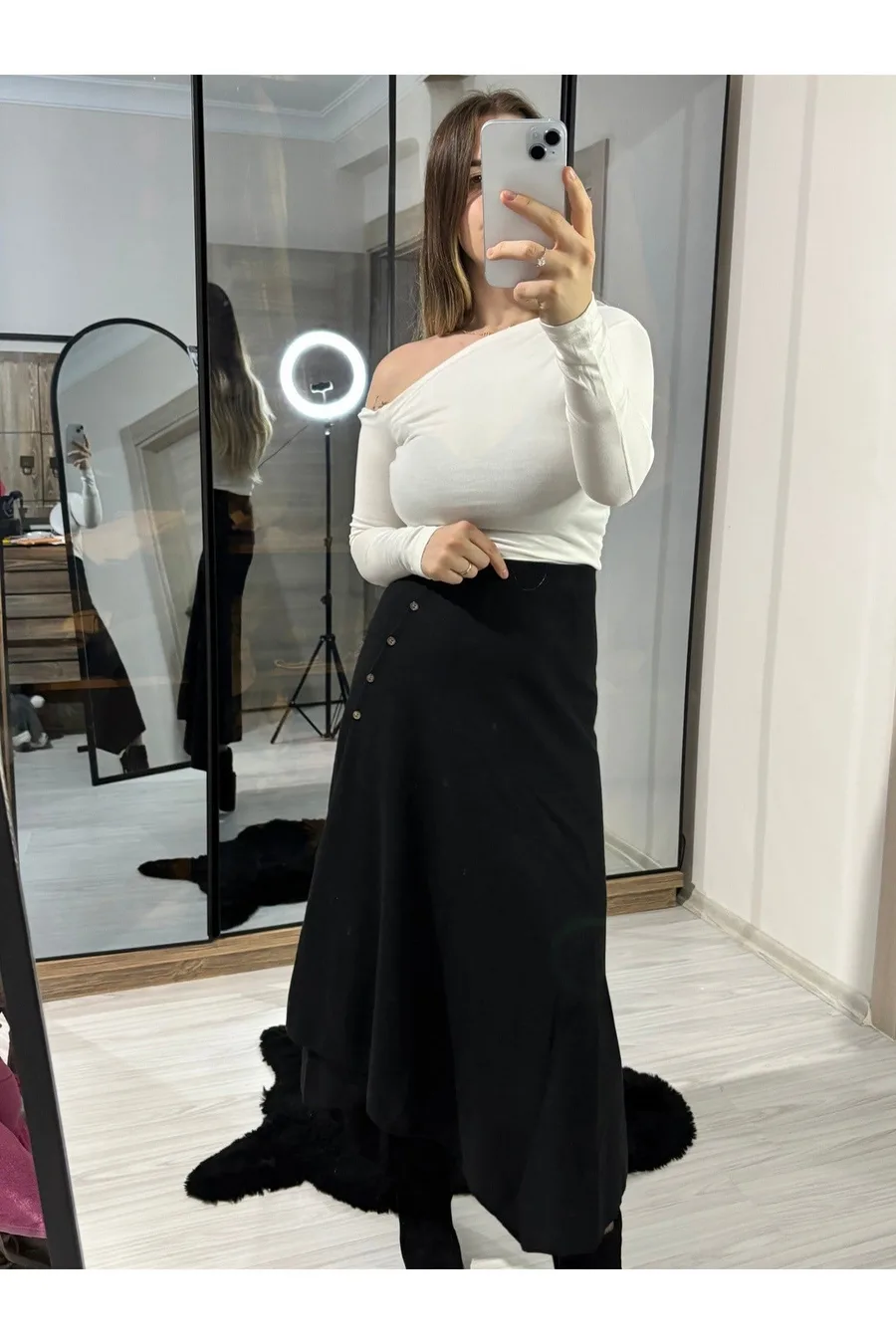 ZR Model Siyah Selanik Önü Düğmeli Midi Etek