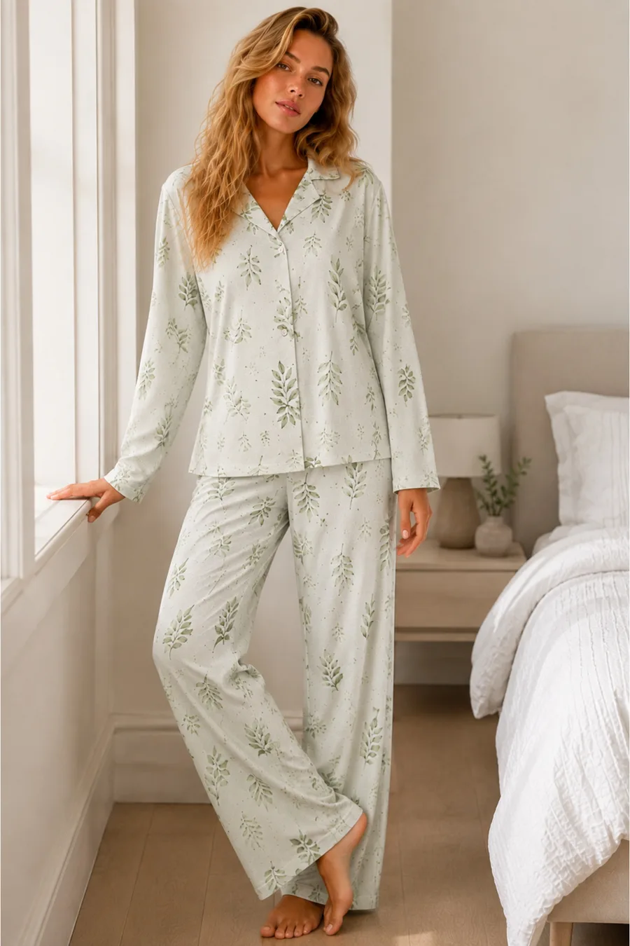 Kadın Bürümcük Tam Boy Çağla Yeşili Pijama Takımı