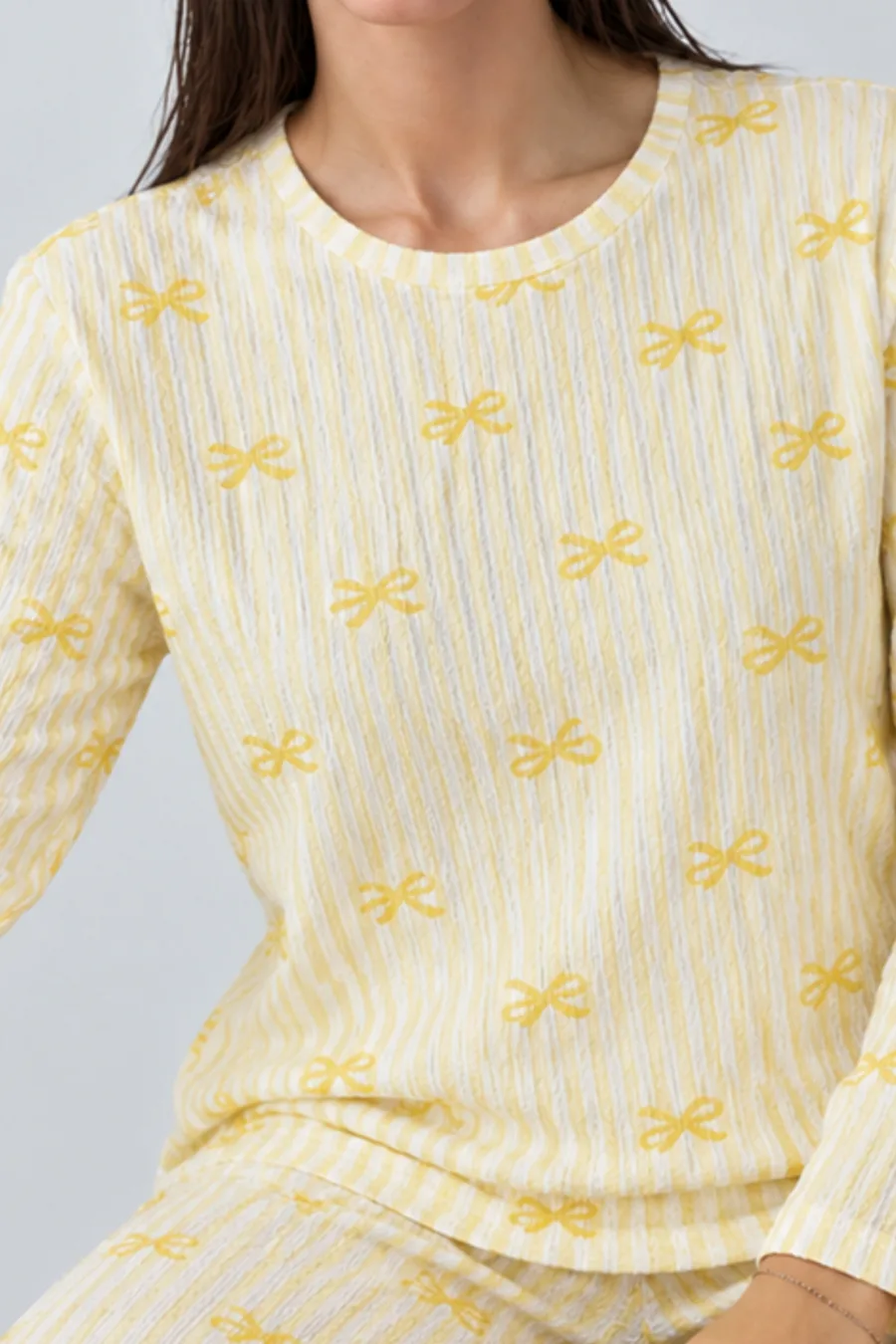 Kadın Çizgili Rahat Desenli İkili Sarı Pijama Takımı 4797